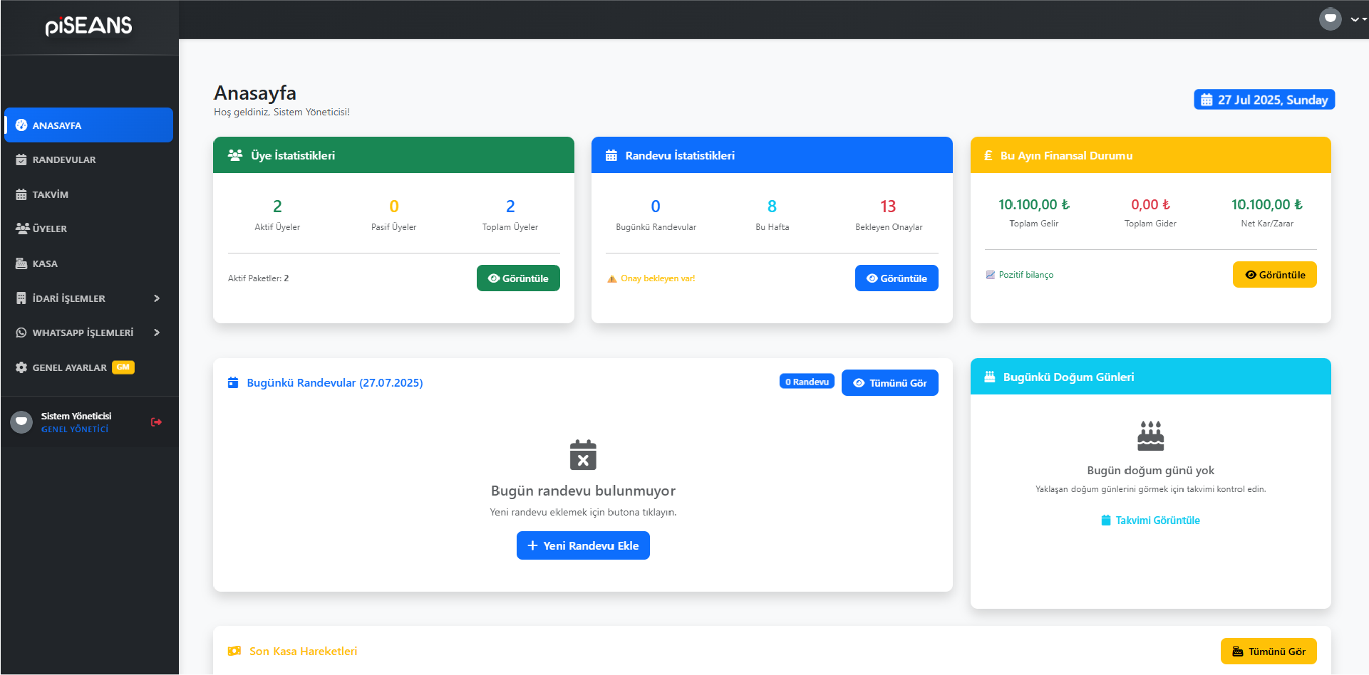 piRANDEVU Ana Panel Görünümü